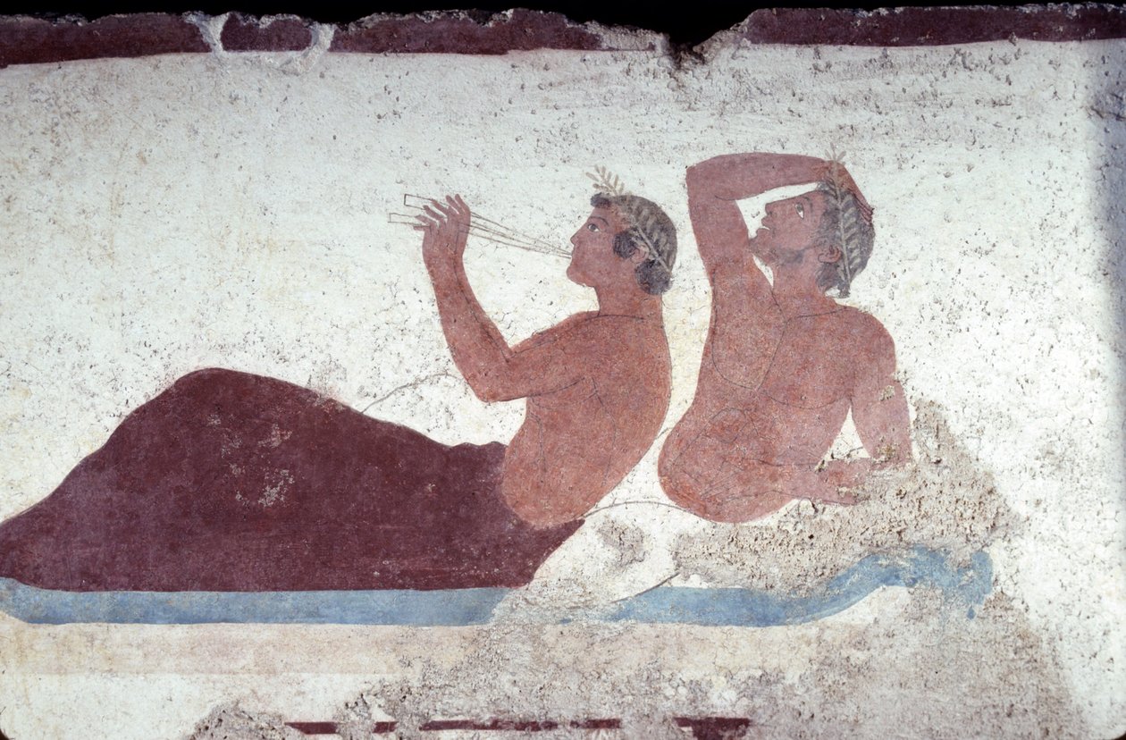 Greek painting from the Tomb of the Diver, Paestum, 480 BC Banqueters. Symposium scene, Italy by Unknown