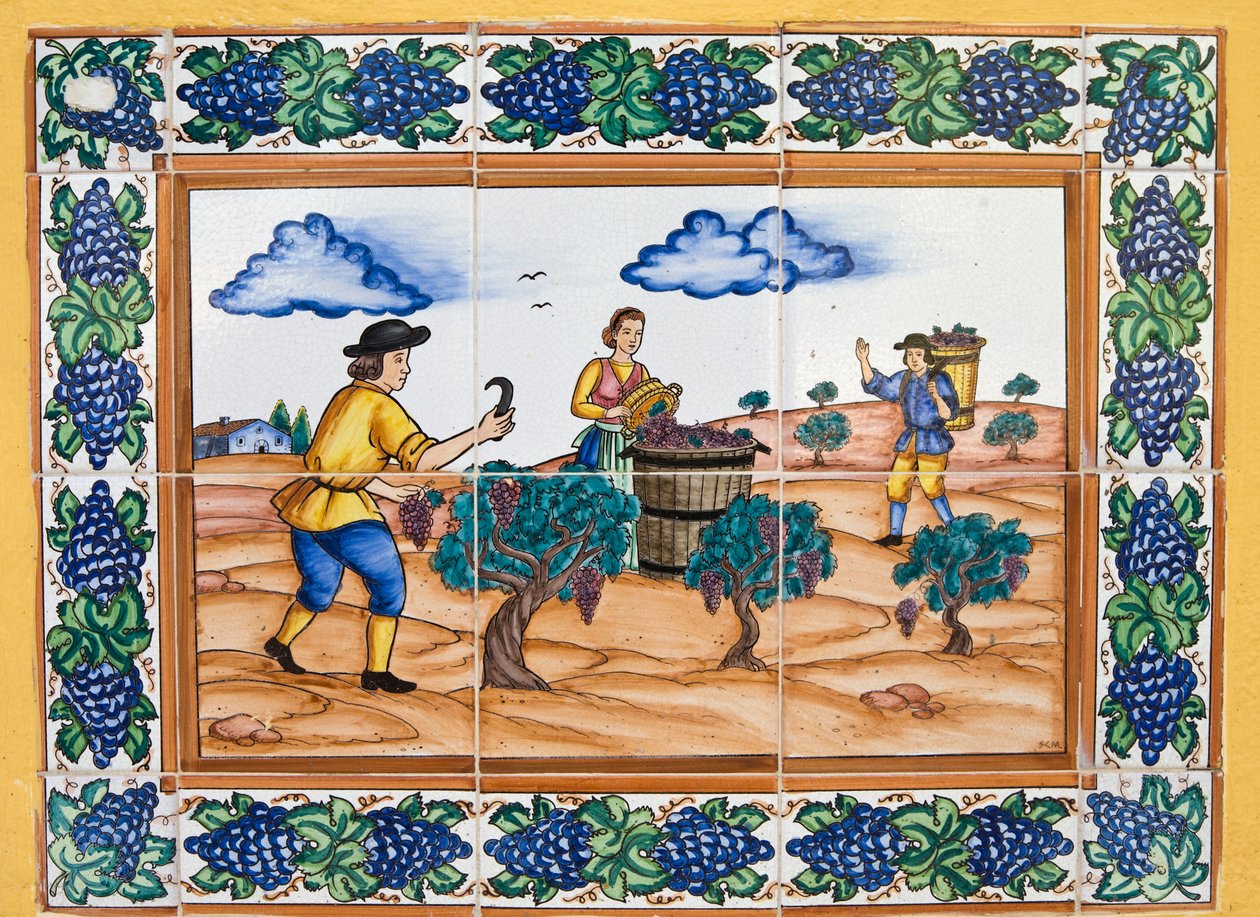 Modern Spanish Ceramic Tiles Showing Vineyard Workers Cutting Bunches of Grapes by Unknown