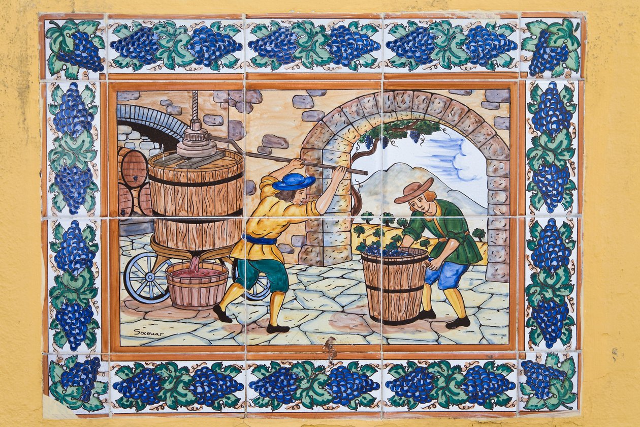 Modern Spanish Ceramic Tiles Showing Workers Operating Wine Press in Vineyard Cellar by Unknown