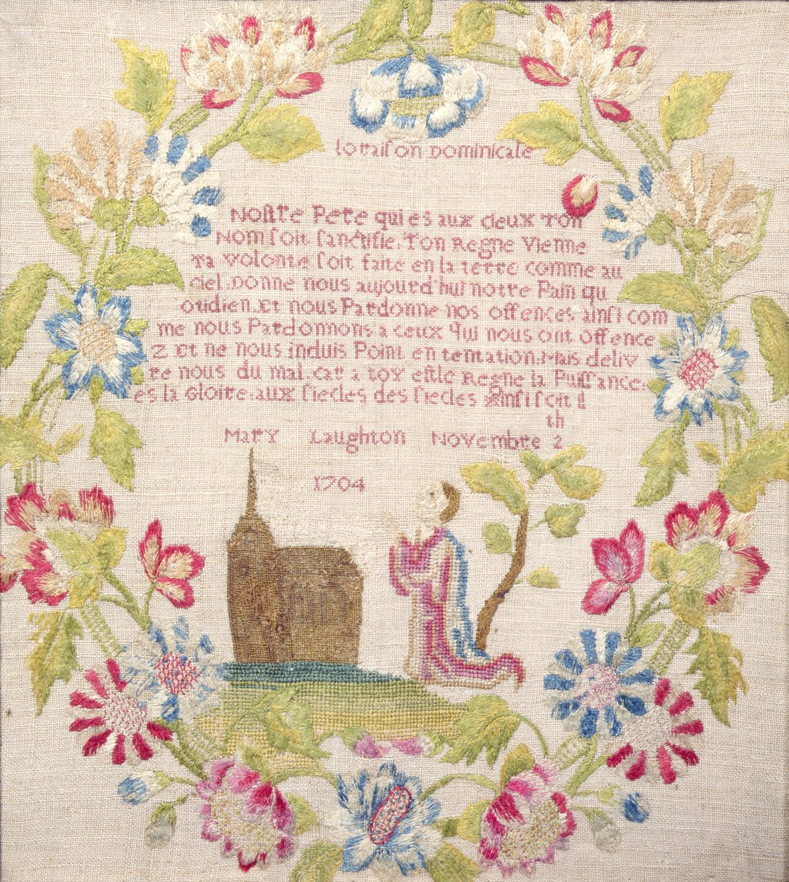 Sampler with the Lords Prayer in French above a kneeling figure, worked by Mary Laughton, 1704 by Unknown