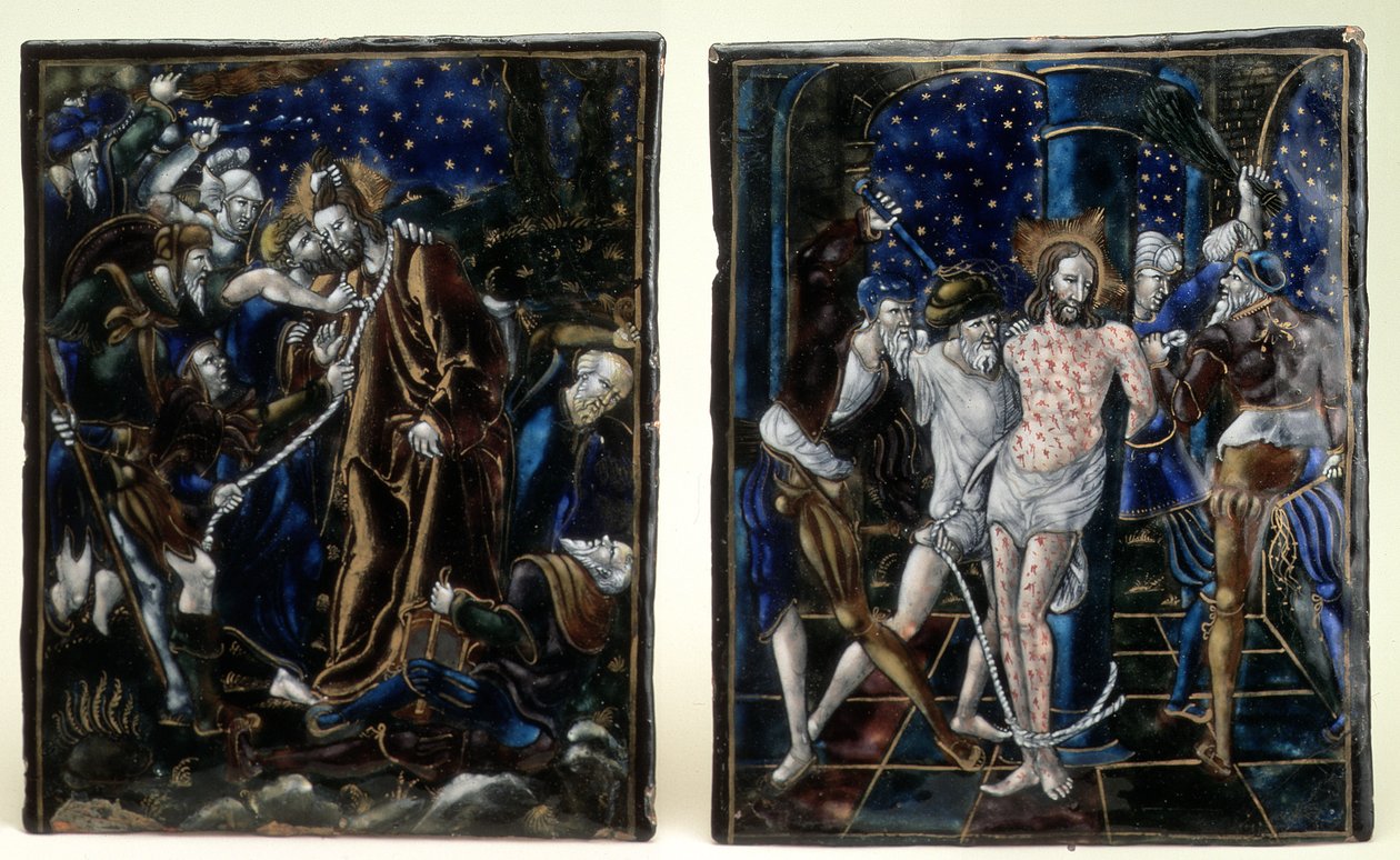 The Kiss of Judas and The Flagellation of Christ: Two Enamelled Plaques from the Passion of Our Lord Series, Limoges, mid 16th century by Unknown