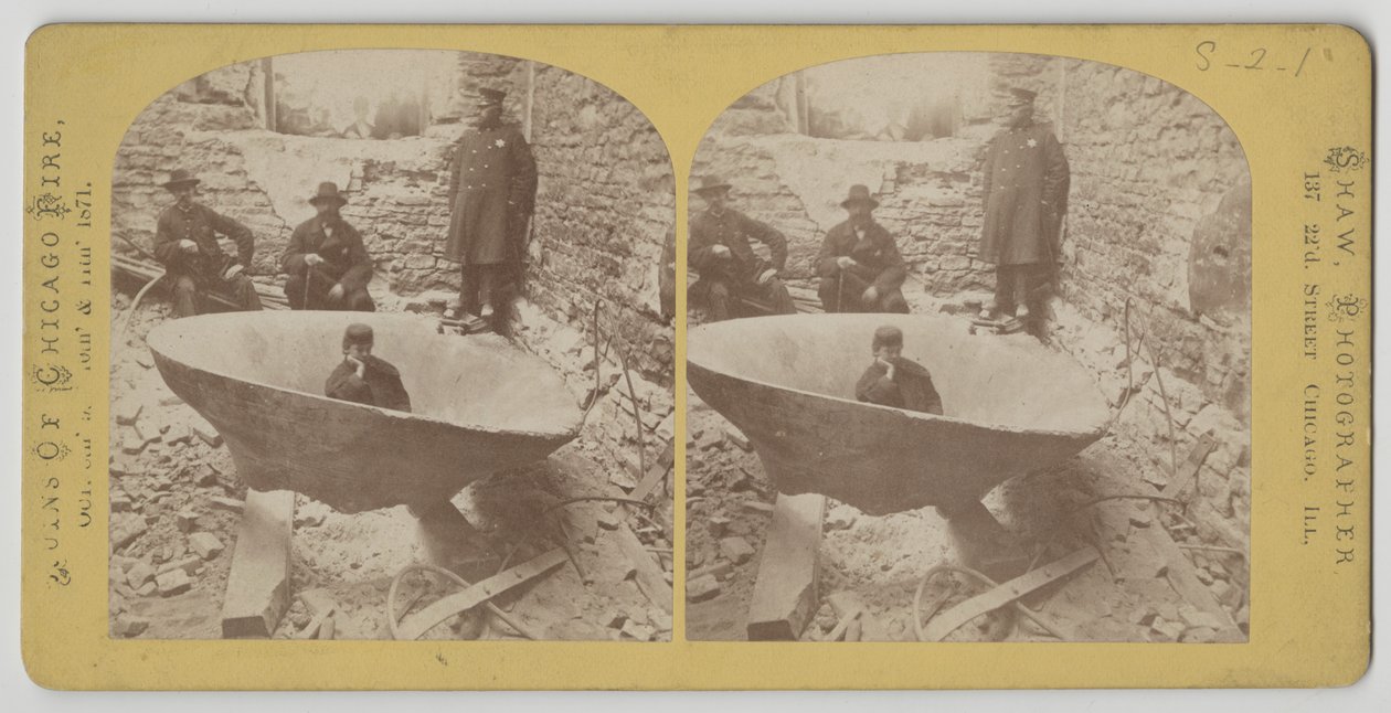 Stereograph view of courthouse bell after the Chicago Fire of 1871