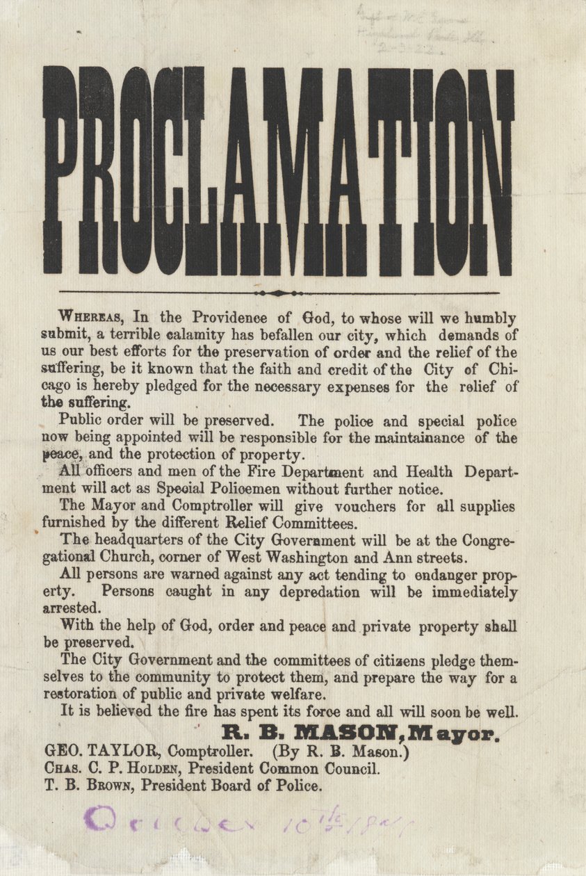 First Proclamation by Chicago Mayor Roswell B. Mason regarding the Chicago Fire, 1871 by American School