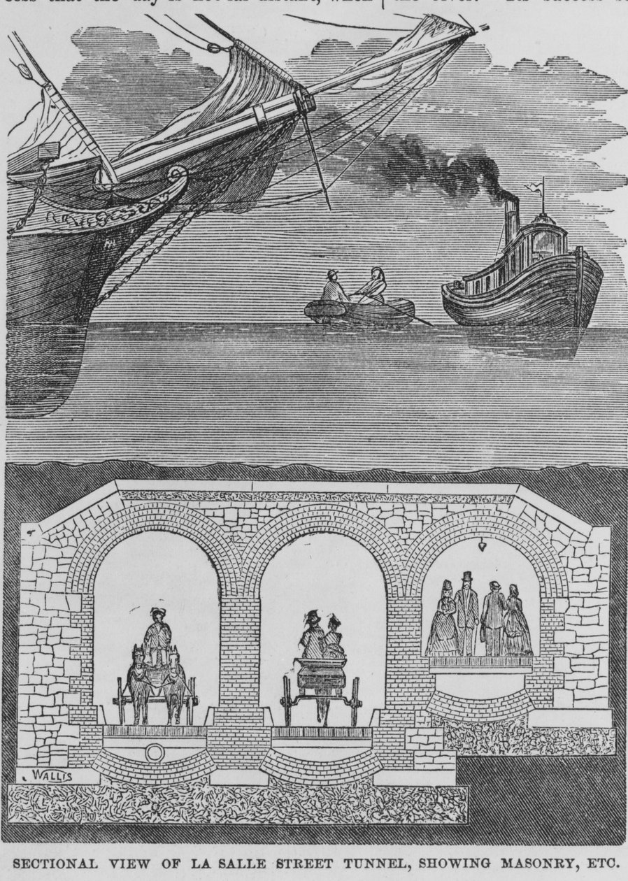 Illustration of a sectional view of the LaSalle Street tunnel from Seven Days in Chicago, published 1878 by American School