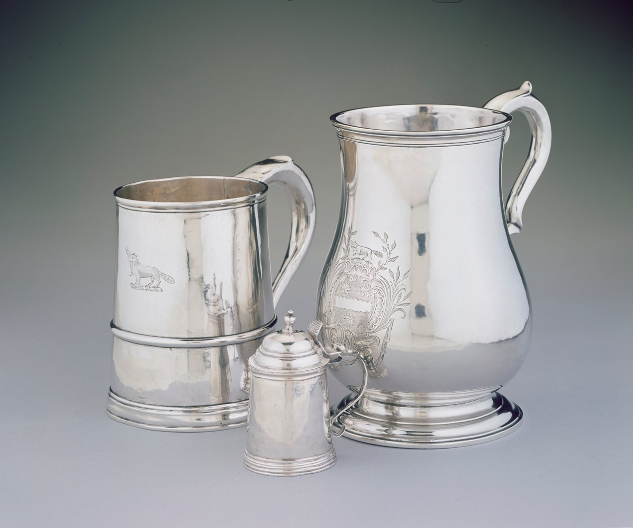 Mug, 1725-35; Miniature Tankard, c.1757; Cann, c.1760 from Boston, Massachusetts by American School