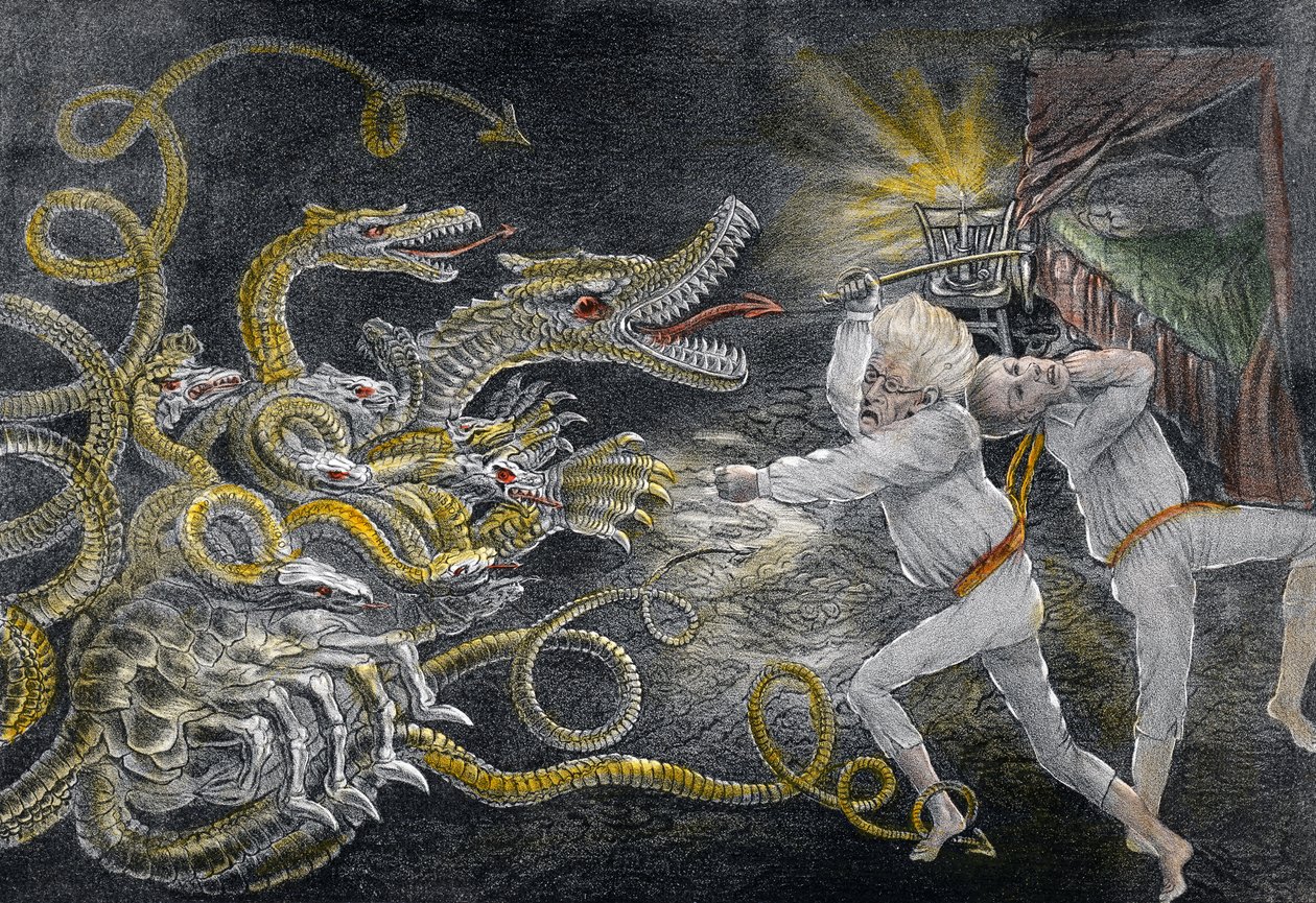 Political Quixotism showing the Consequences of Sleeping in Patent Magic Spectacles, the Diplomatic Hercules, attacking the Political Hydra by American School