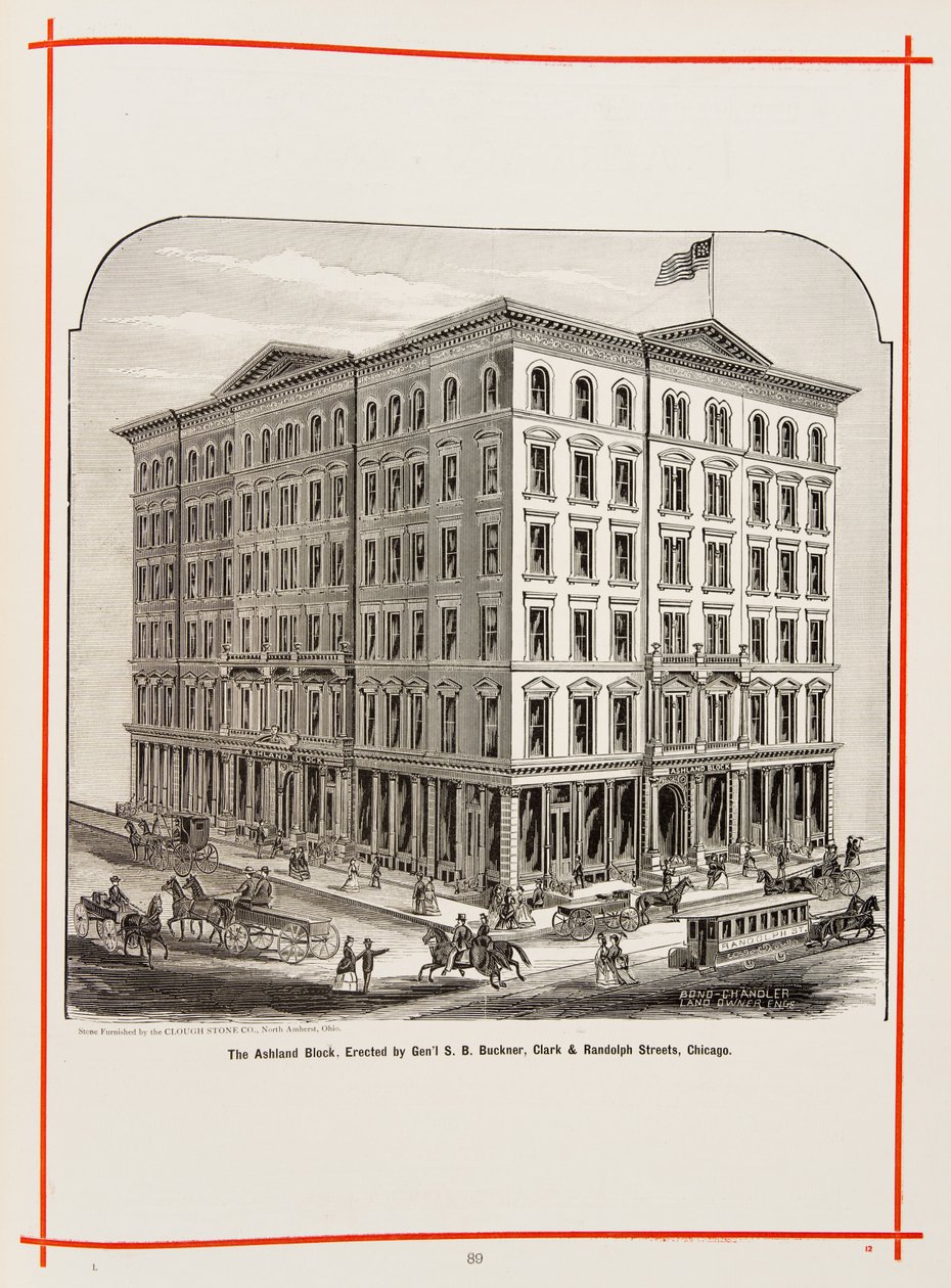 The Ashland Block at Clark and Randolph Streets, Chicago, Illustration in The Merchants and Manufacturers of Chicago Illustrated, 1873 by American School