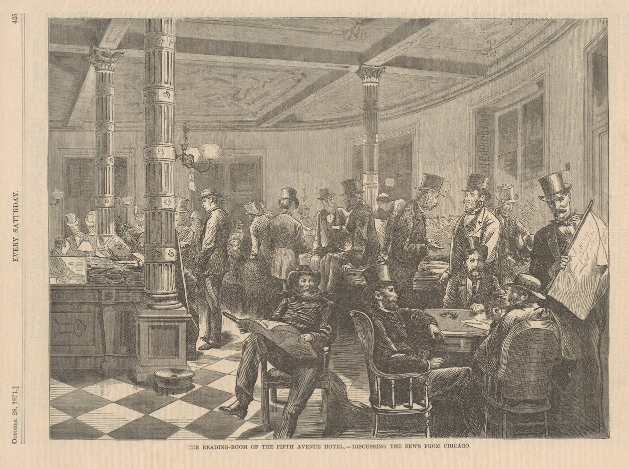 The Reading-Room of the Fifth Avenue Hotel in New York - Discussing the news from Chicago, illustration from Every Saturday, 1871 by American School