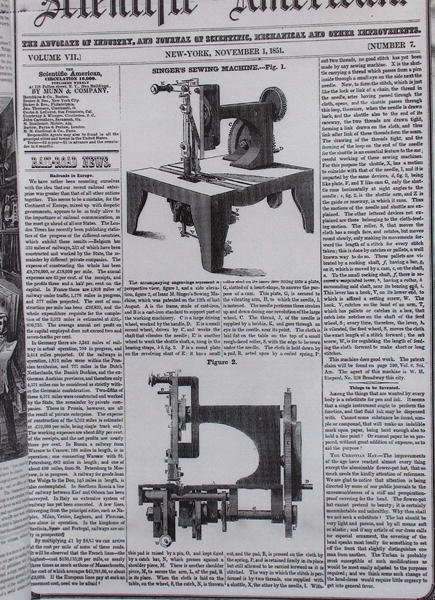 The original model of the sewing machine by Isaac Merrit Singer (1811-75) from The Scientific American, 1st November 1851 by American School