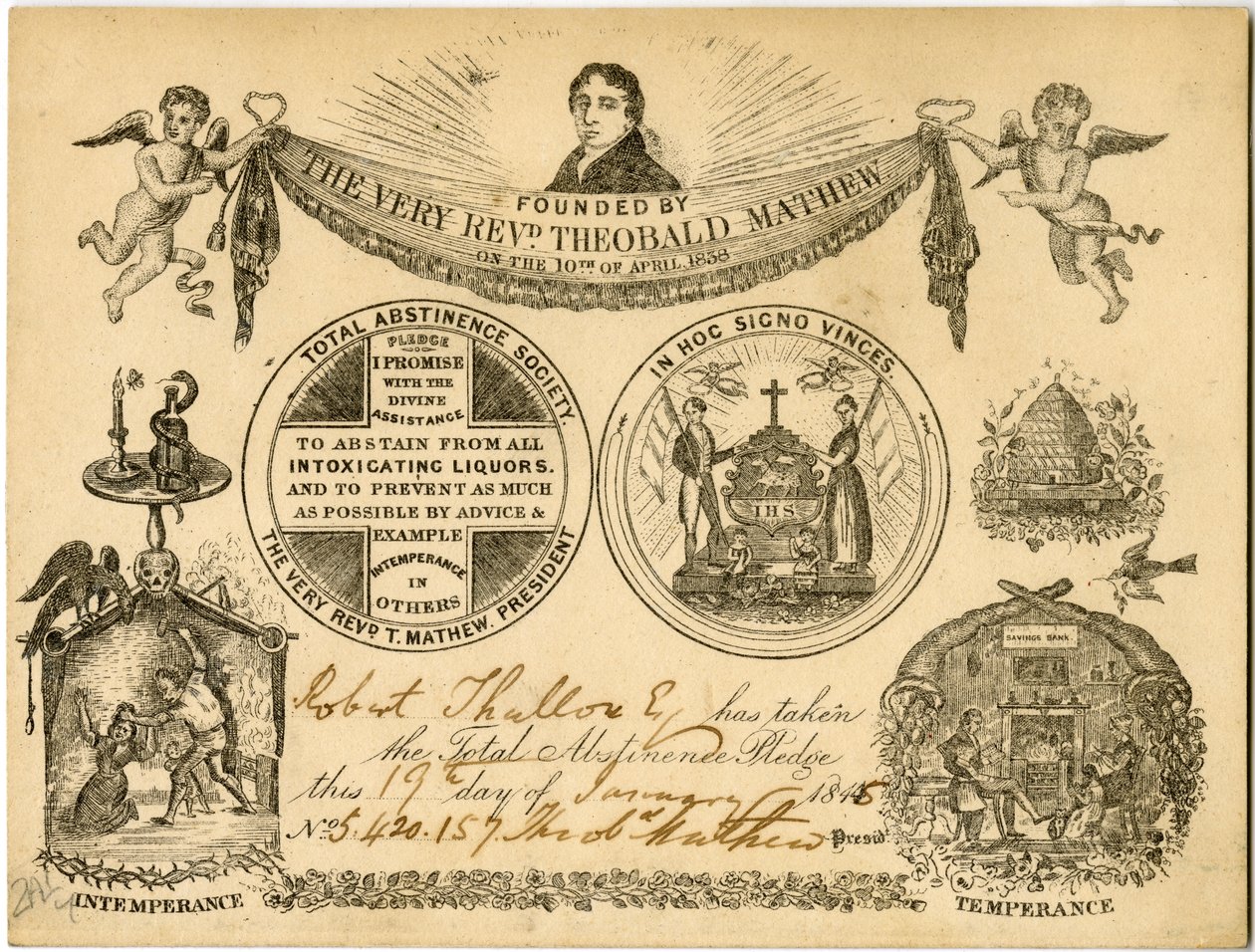 Total Abstinence Society Total Abstinence Pledge card for Robert Thallow, 1845 by American School