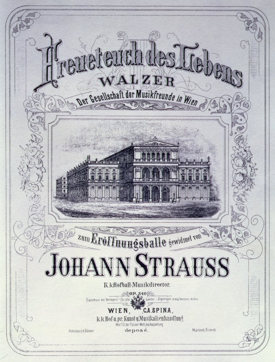 Poster advertising Freueteuch des Lebens, a waltz by Johann Strauss the Younger to be introduced at an Inaugural ball by Austrian School