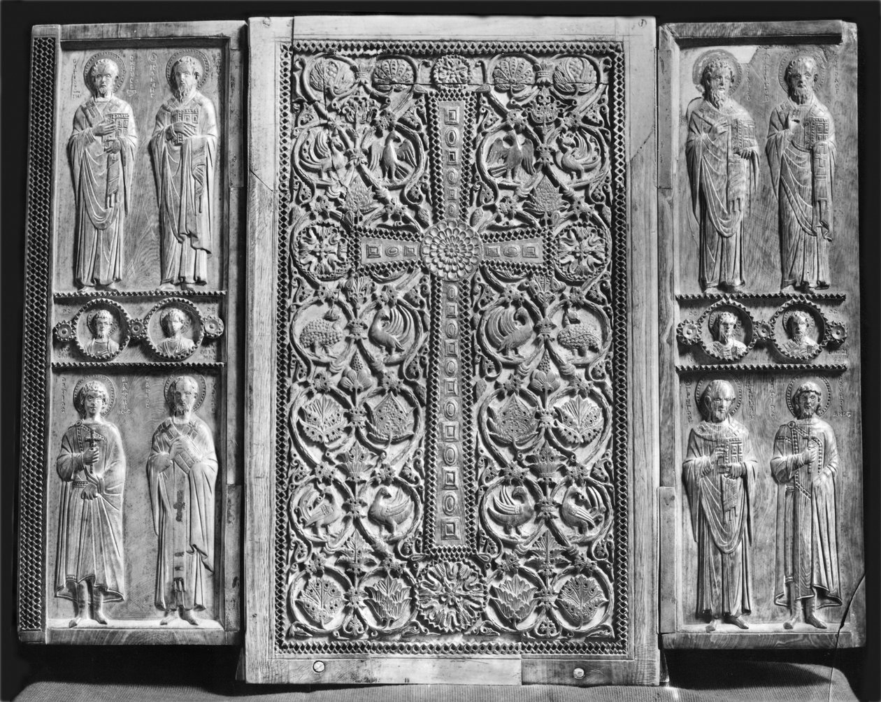 Triptych depicting Christ Enthroned with the Virgin and St. John the Baptist (reverse) by Byzantine