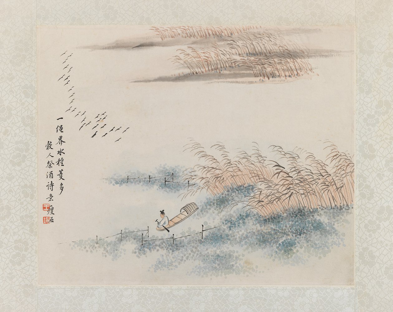 Fisherman and reeds, album leaf painting by Chinese School