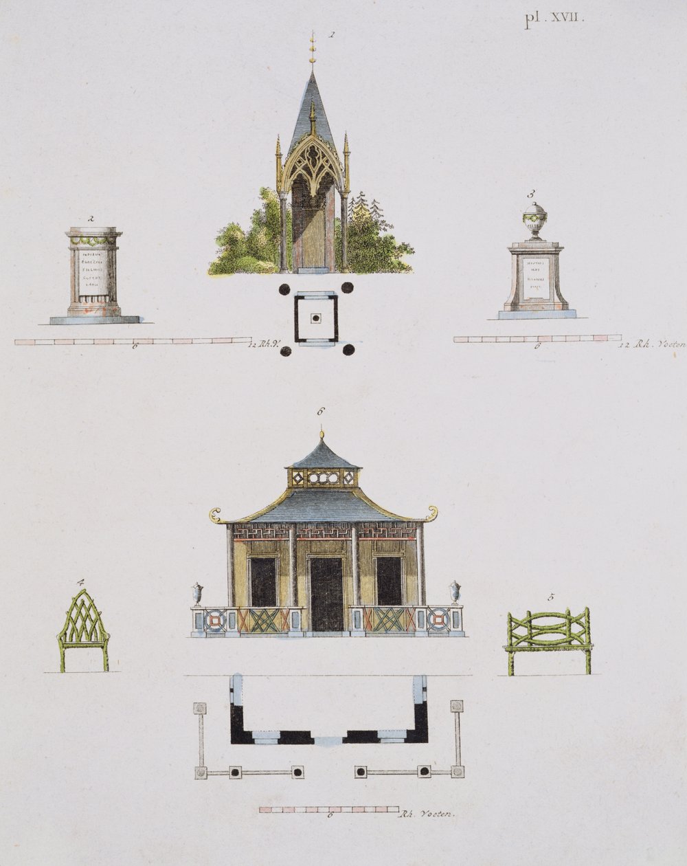 Garden decorations, from Magazine of Garden Gems, by G. van Laar, published 1802 by Dutch School
