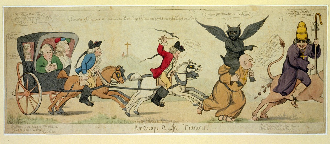 An Escape à la Francois, pub. London 1791 (hand coloured engraving) by English School