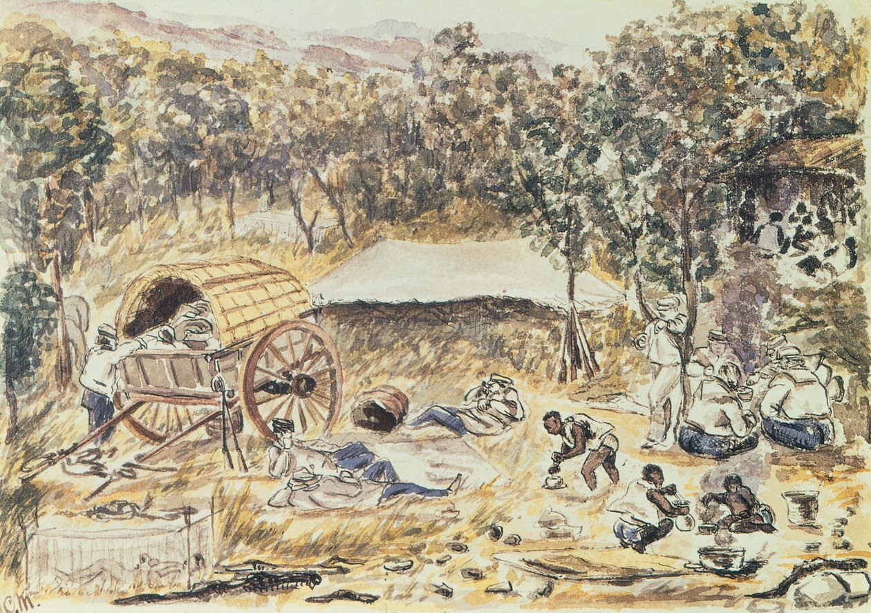 Evening Halt on the Journey to Seek a Road for the Carriage of the Lady Nyasa from the Falls to the Lake, c.1863 by English School