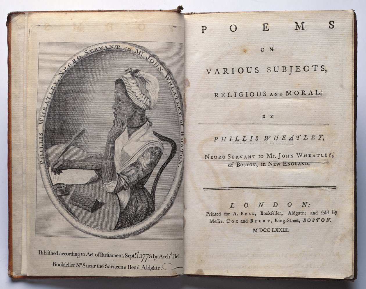 Frontispiece and Titlepage of Poems on Various Subjects, Religious and Moral by Phillis Wheatley, published by Archibald Bell, London, 1773 by English School
