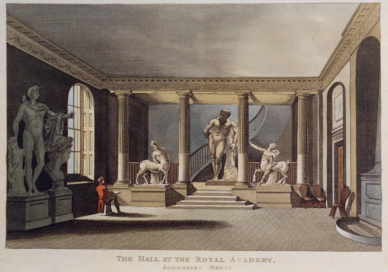 Man drawing a sculpture in the hall of the Royal Academy of Arts in Somerset House by English School