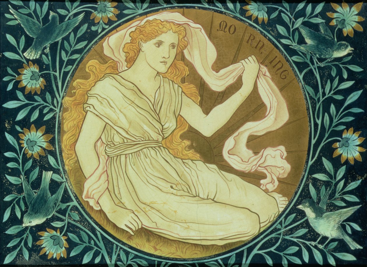 Morning, panel decorated with an allegorical figure representing the rising sun, manufactured by Shrigley & Hunt, 1876 by English School