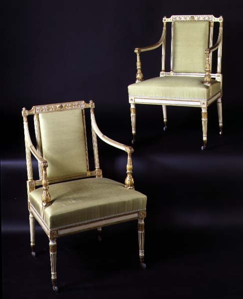 Pair from a set of ten dining chairs, carved in the Adam style by English School