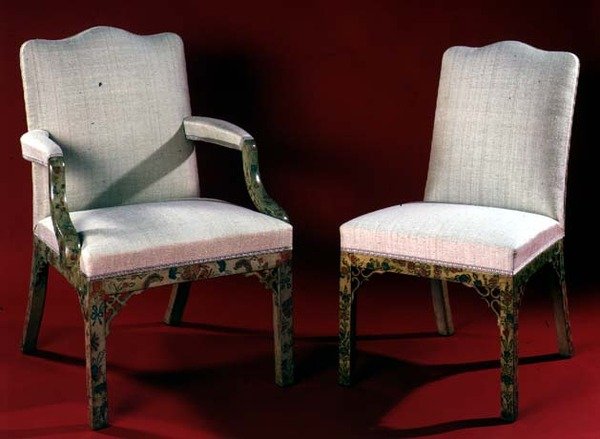 Part of a set of armchairs and chairs with painted chinoiserie supports by English School