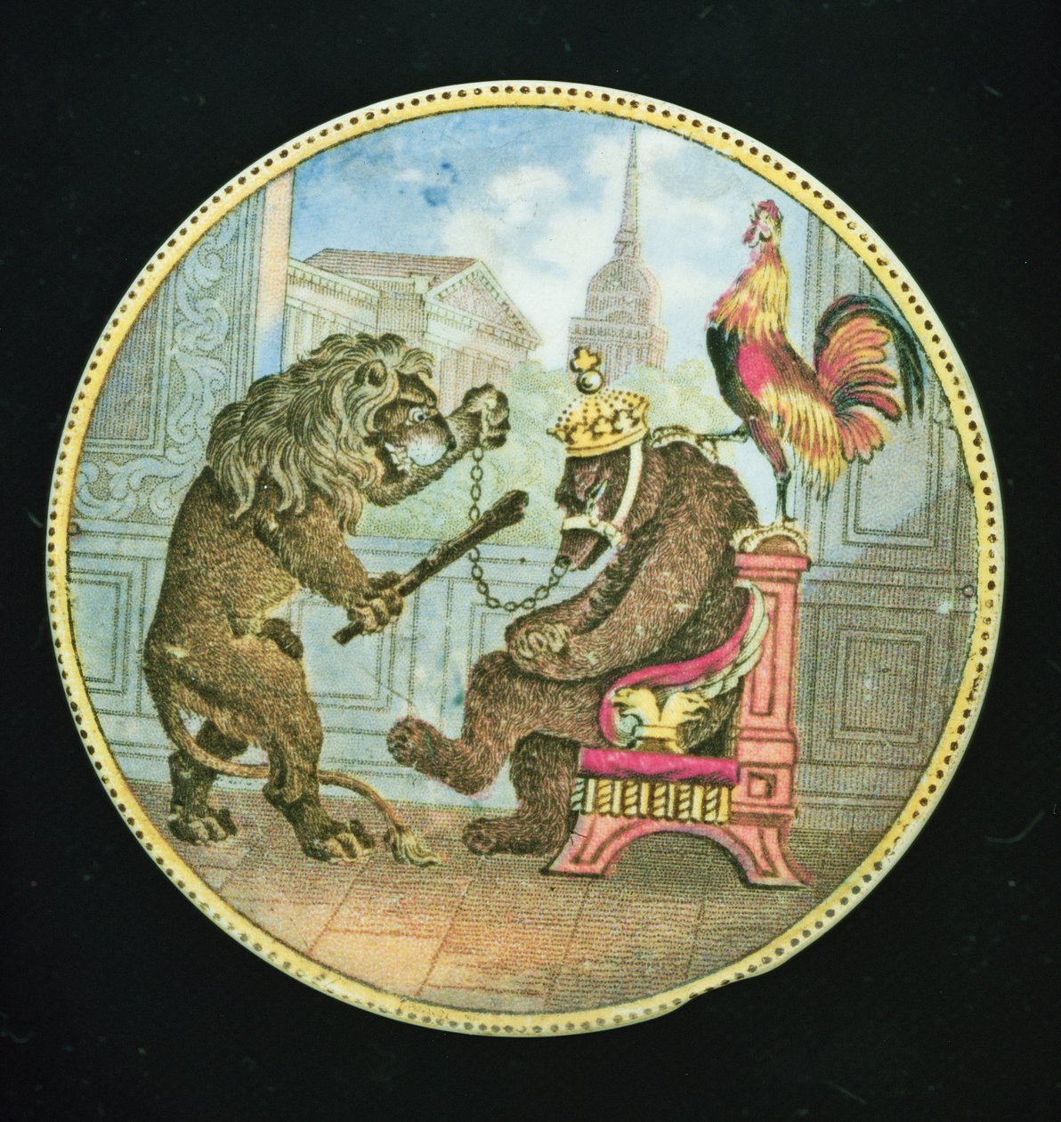Pot Lid, depicting a bear, lion and cock, Staffordshire by English School