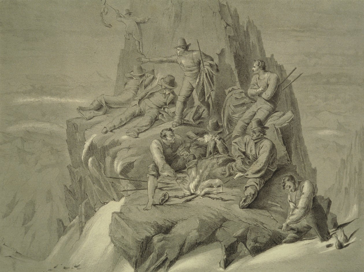 Resting on a Ledge, from Ten Scenes in the Last Ascent of Mont Blanc Including Five Views from the Summit by English School