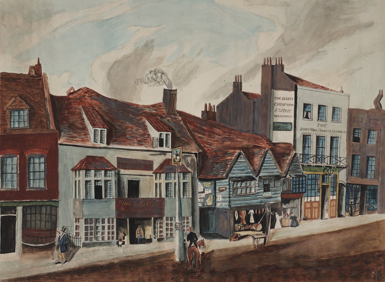 View of Newington Butts, Southwark showing the George Tavern and shop fronts by English School