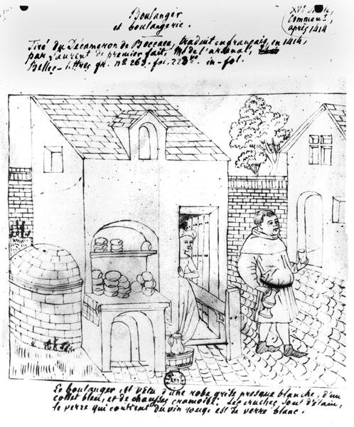 Baker and Bakery, drawn after an original illumination for a French translation of the Decameron by Boccaccio made in 1414 by French School