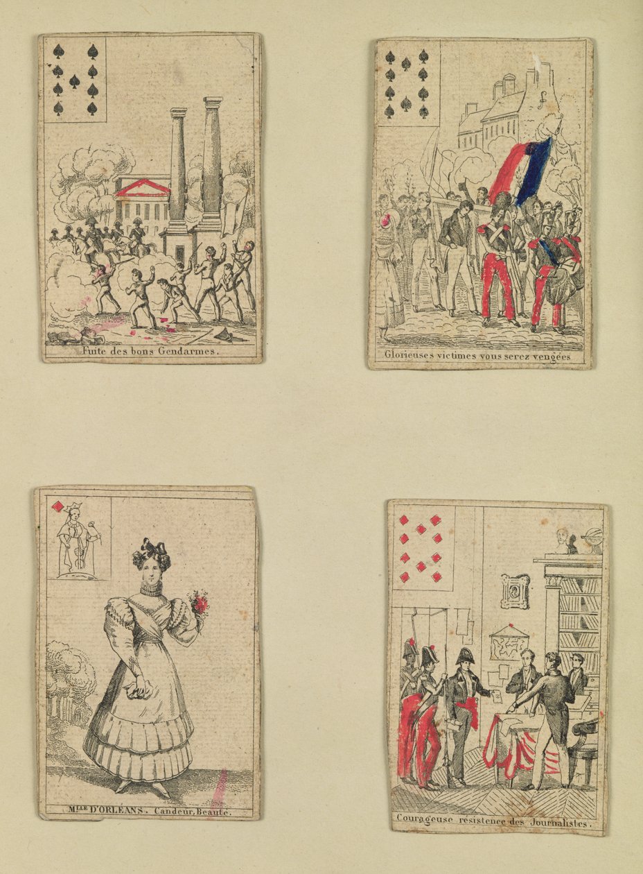 Four Playing Cards Commemorating the Heroes of July 1830 by French School