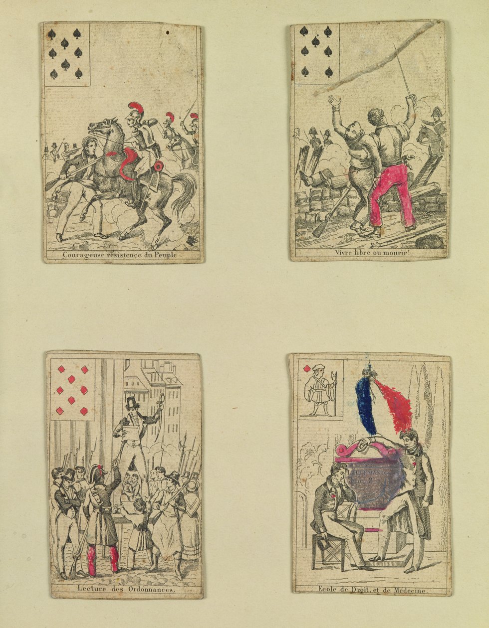 Four Playing Cards Commemorating the Heroes of July 1830 by French School