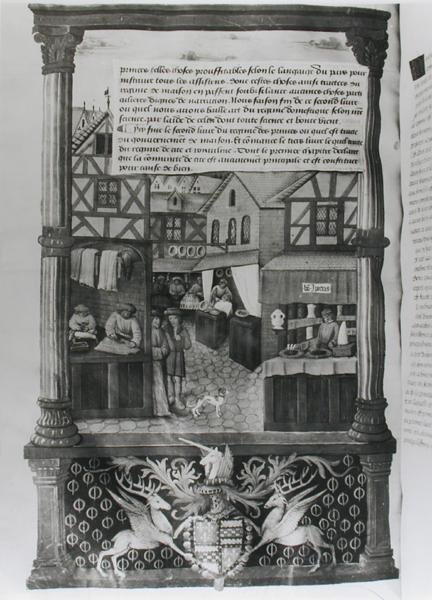 A street with shops and the coat of arms of Robert Stuart, Marechal dAubigny Lucrece, from Livre de Gouvernement des Princes by Gilles de Rome by French School