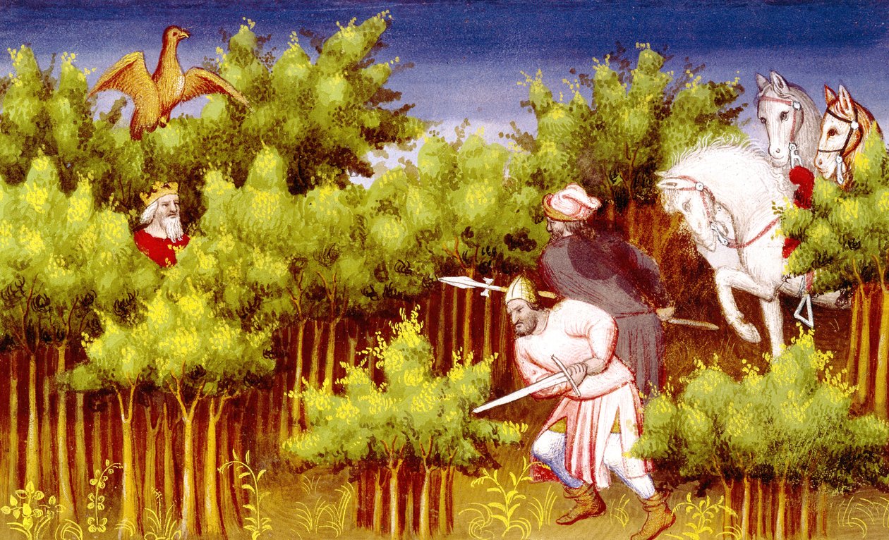 Genghis Khan Escapes His Enemies by Hiding in the Bushes, from Livre des Merveilles du Monde, c.1410-12 by French School