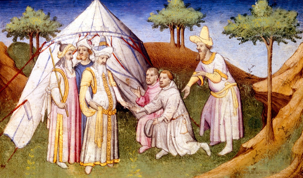 Kublai Khan Greeted by the Brothers Polo, from Livre des Merveilles du Monde, c.1410-12 by French School