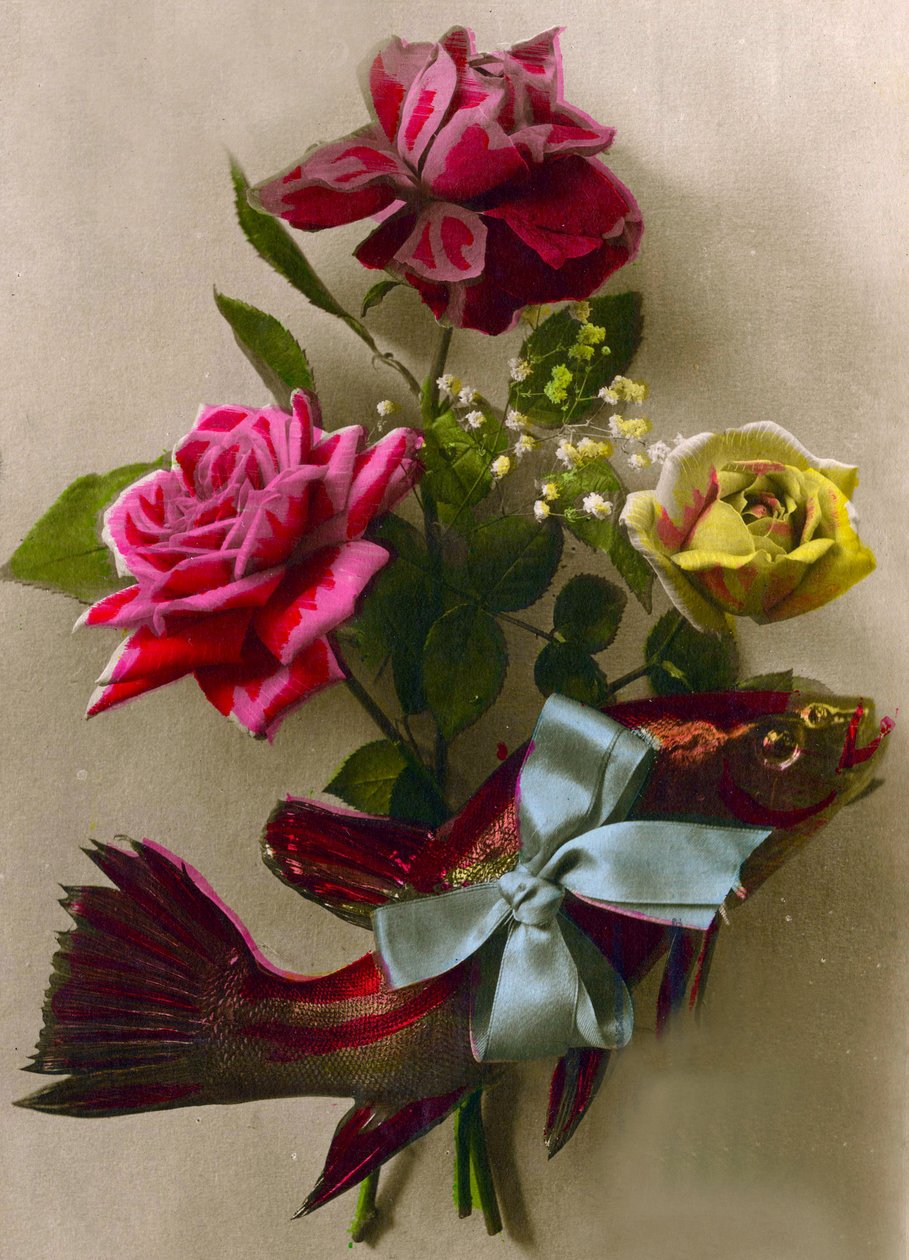 Roses and a Gift-Wrapped Fish by French School