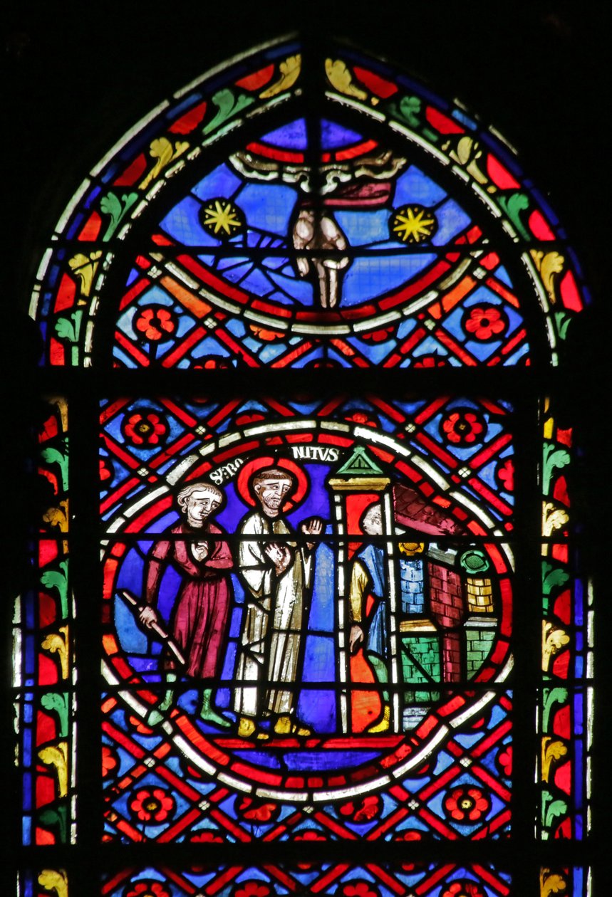 Window depicting Scene from the life of Saint Bonnet: Saint leaving his goods at the Door and receiving the monk