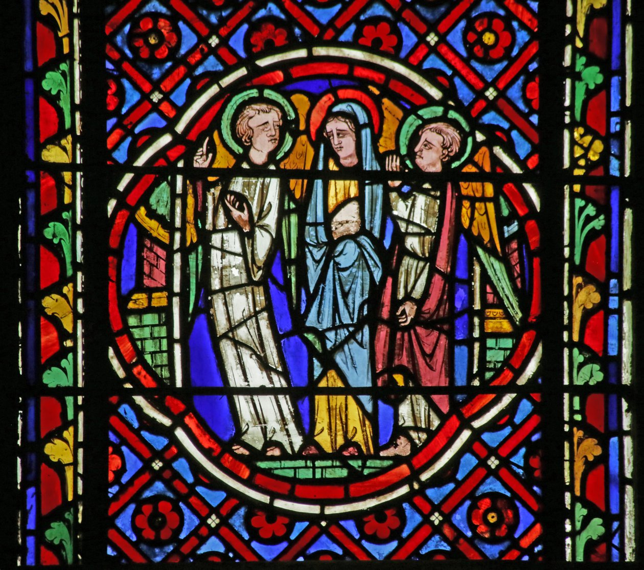 Window depicting Scene from the life of Saint Bonnet: the Virgin telling the accompanying Angels that she wishes to hear the Mass celebrated in Saint Bonnet