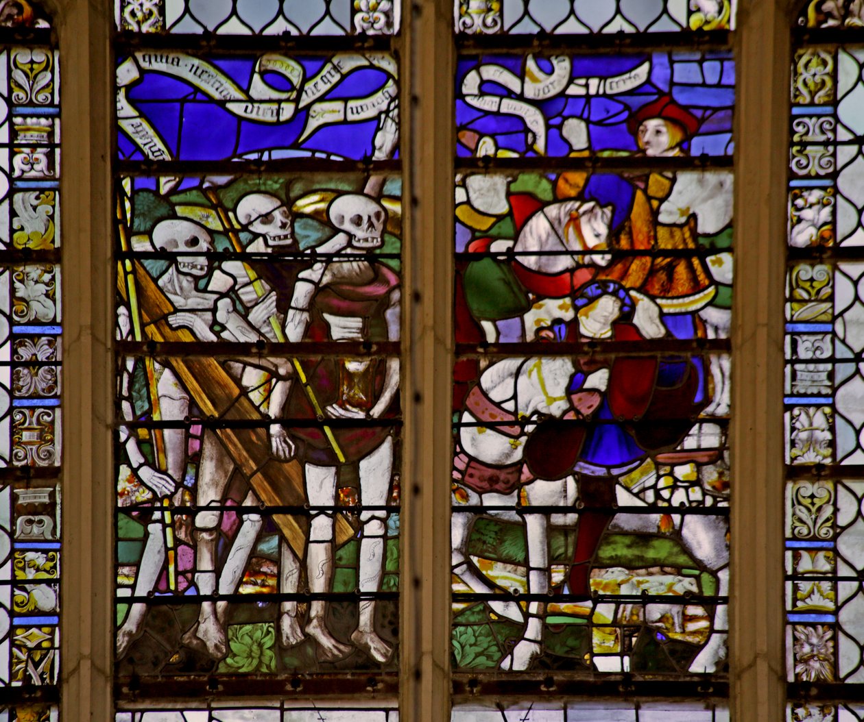 Window depicting Three Living and Three Dead by French School