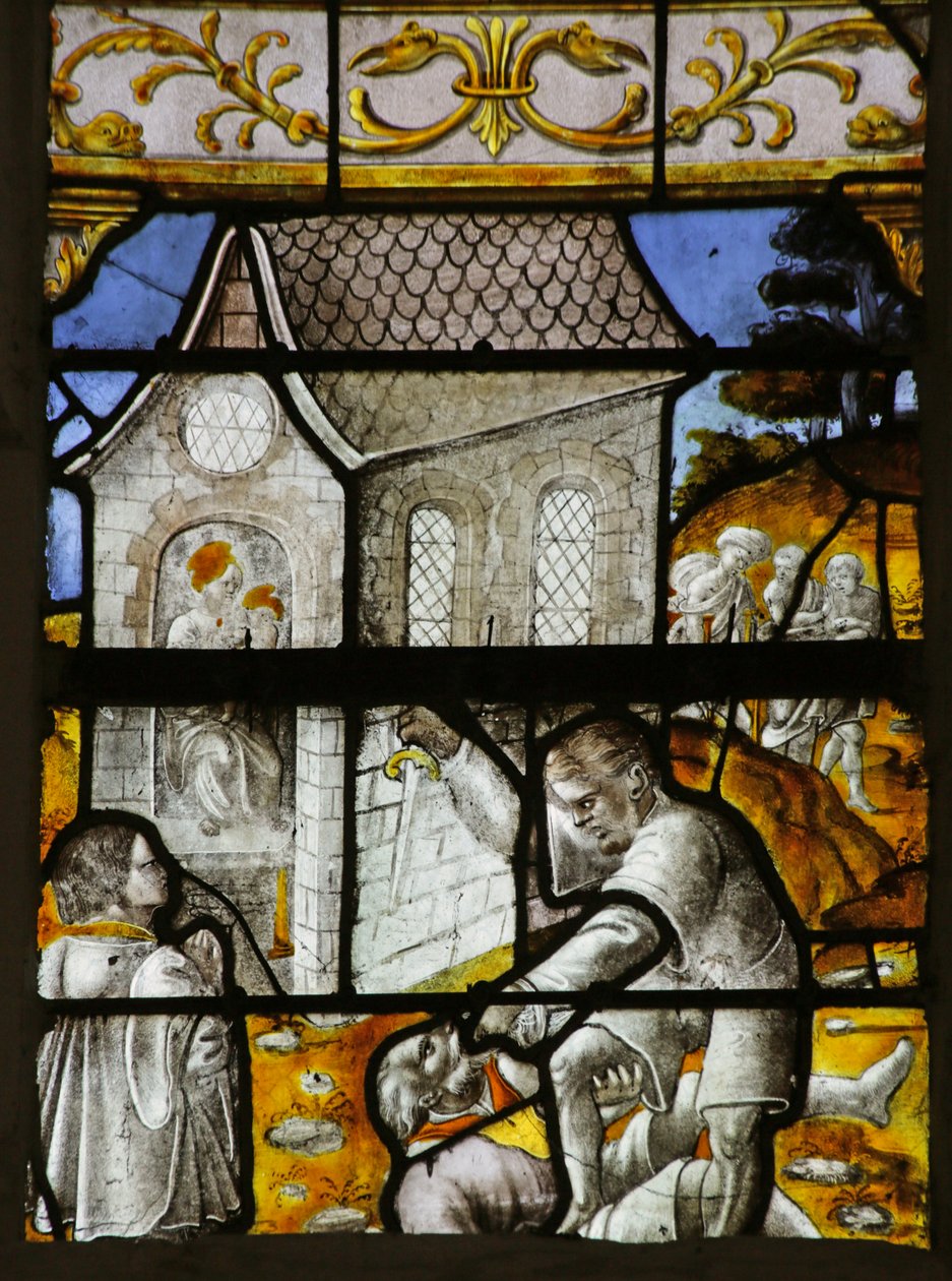 Window depicting the Legend of Notre Dame de Lorette: the Virgin Stopping a Killer in Front of her House by French School