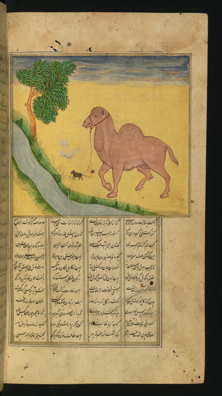 A Mouse, Clutching the Reins of a Camel, at a Stream of Water, illustration from A Collection of Poems, by Jalal al-Din Rumi by Persian School