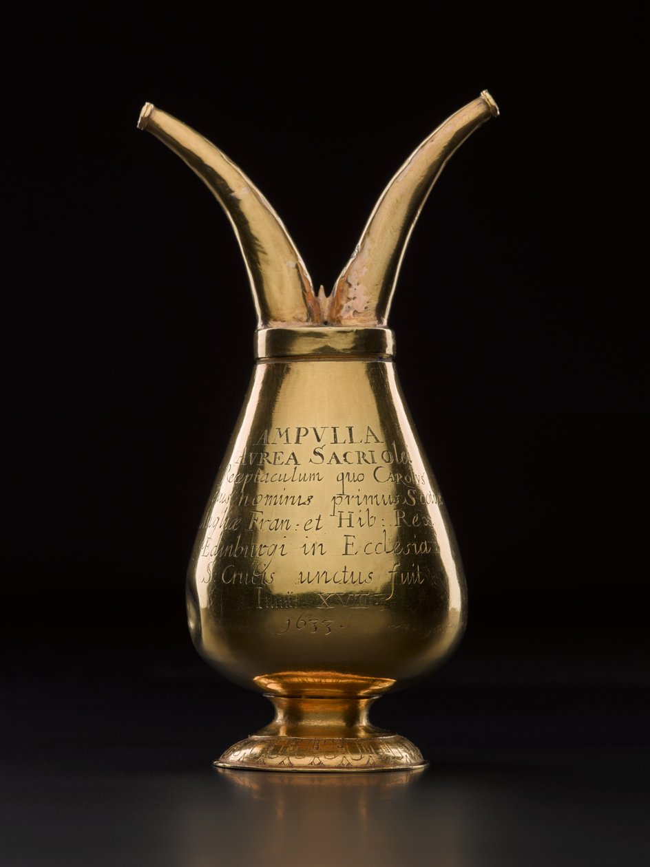 Ampulla which held the sacred anointing oil for the coronation of Charles I at Holyroodhouse on 18 June 1633, possibly made by James Dennistoun, Deacon of the Edinburgh incorporation of Gold by Scottish School