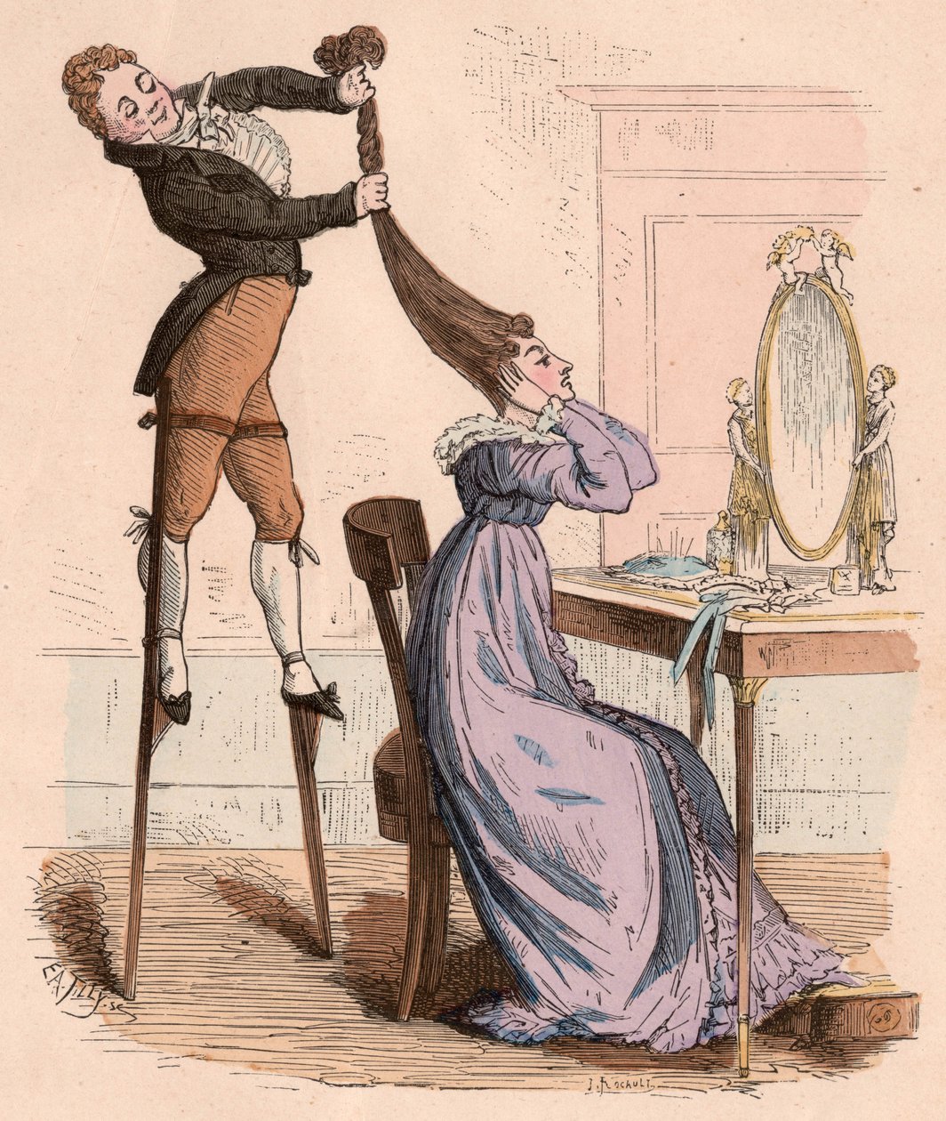 A Man on Stilts Helping a Woman Twisting Her Hair Vigorously by Unknown