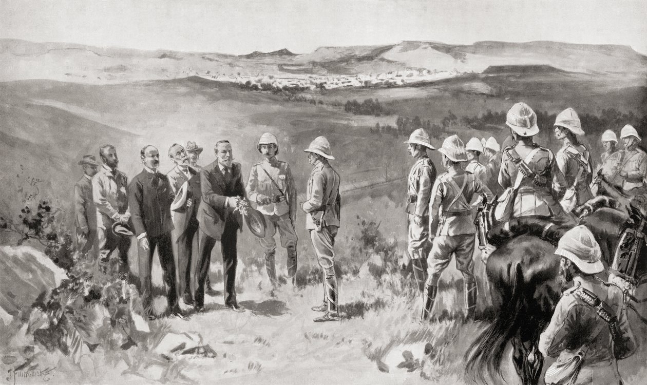 The formal surrender of Bloemfontein to Lord Roberts by Mr. Pappenfus, Mr. Kellner and Mr. Collins on March 14th, 1900, from the book South Africa and the Transvaal War by Louis Creswicke by Unknown