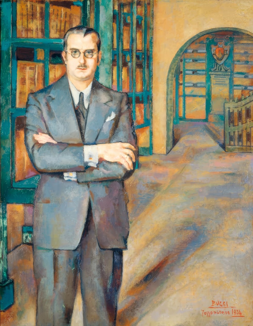 Portrait of the Notary in a Suite with Jacket, Tie and Glasses, in His Library with Shelves Full of Books by Löscher and Petsch