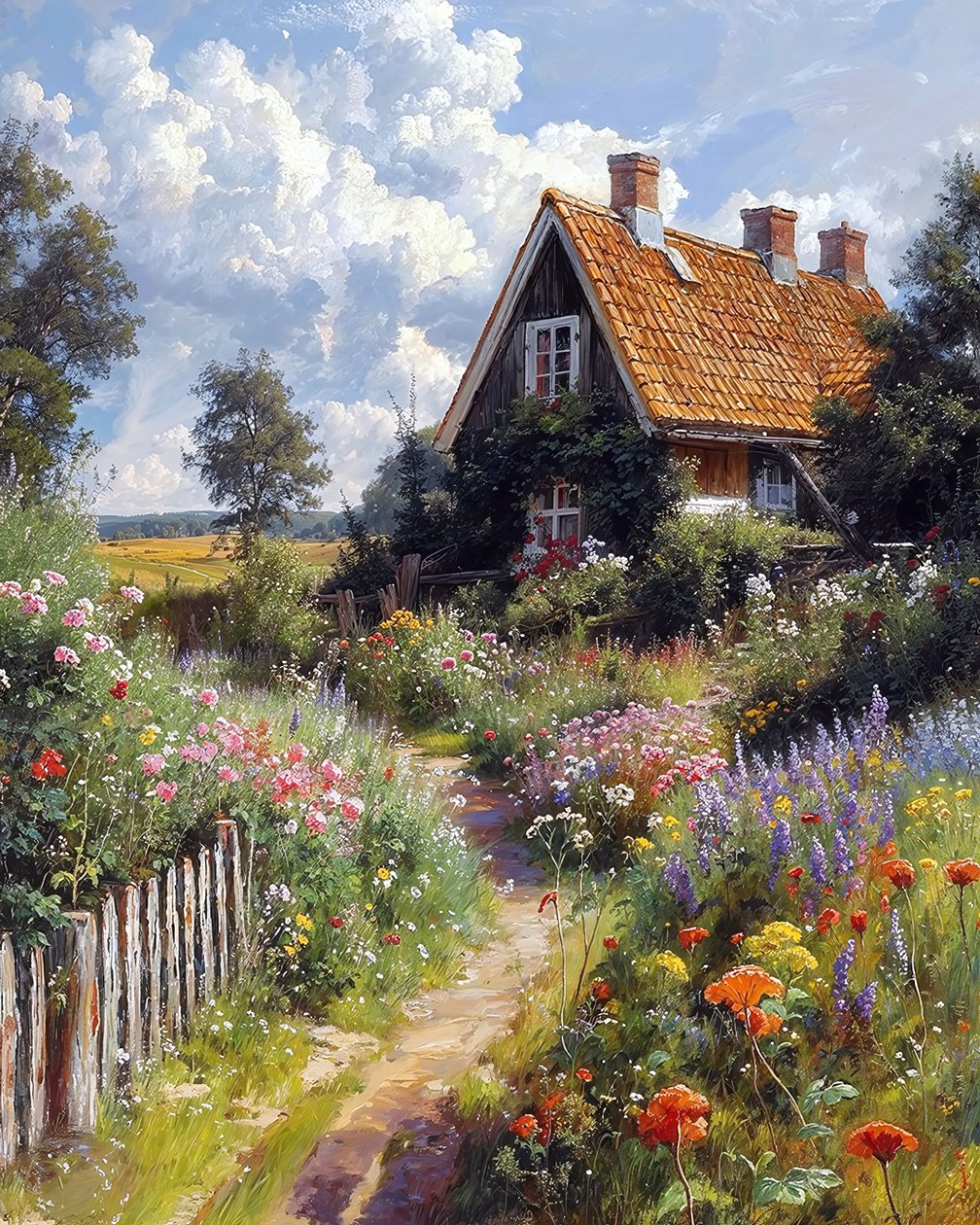 Pretty house, flower garden, botanical landscape by F. Abderrahim
