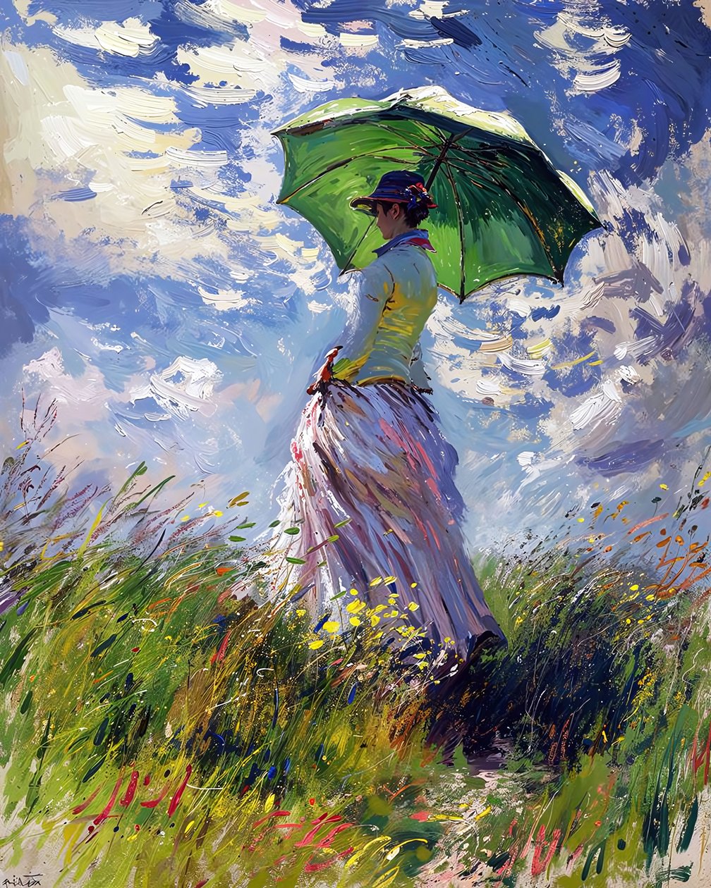 Woman in dress holding umbrella walking on green hill in spring by F. Abderrahim