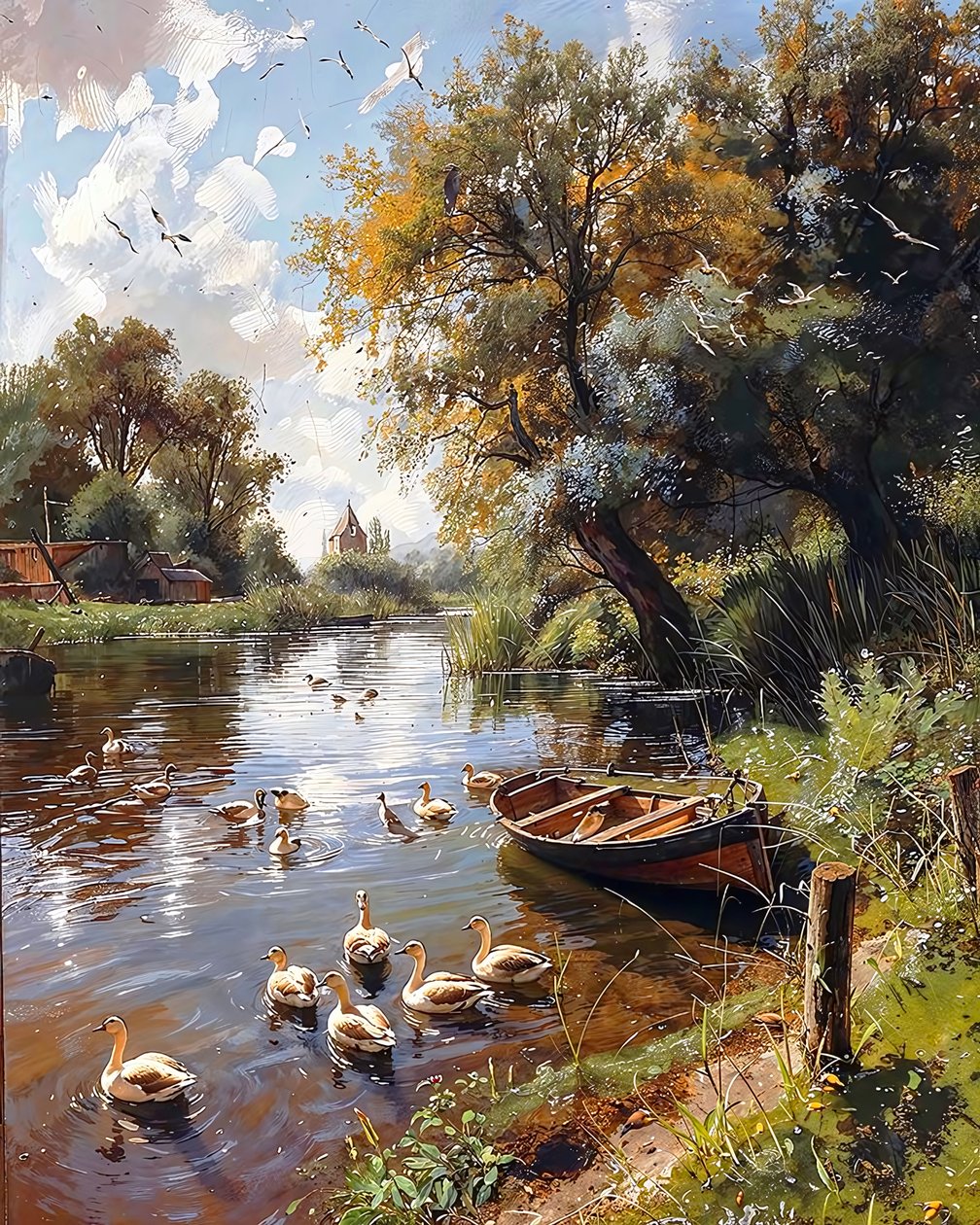 Quiet lake, birds and wooden boat by F. Abderrahim