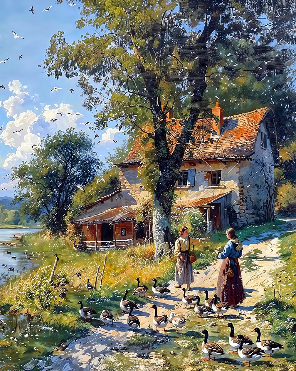 Country girl takes care of a flock of ducks by F. Abderrahim