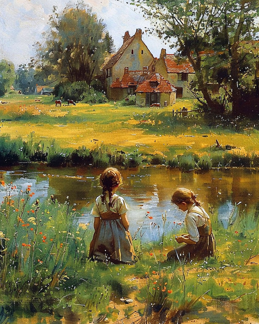 Children playing outside house in the countryside by F. Abderrahim