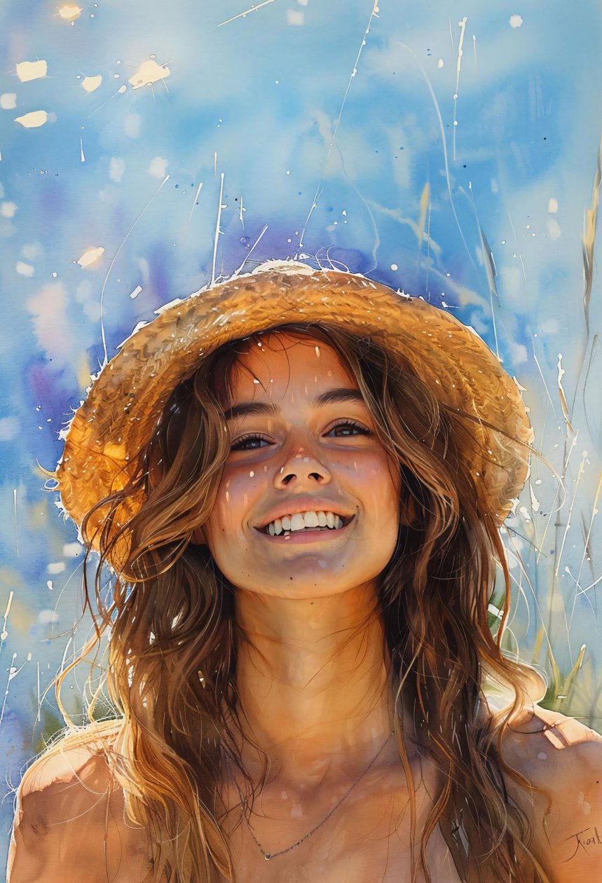 Beautiful woman wearing a hat with flowing brown hair by the seashore by F. Abderrahim